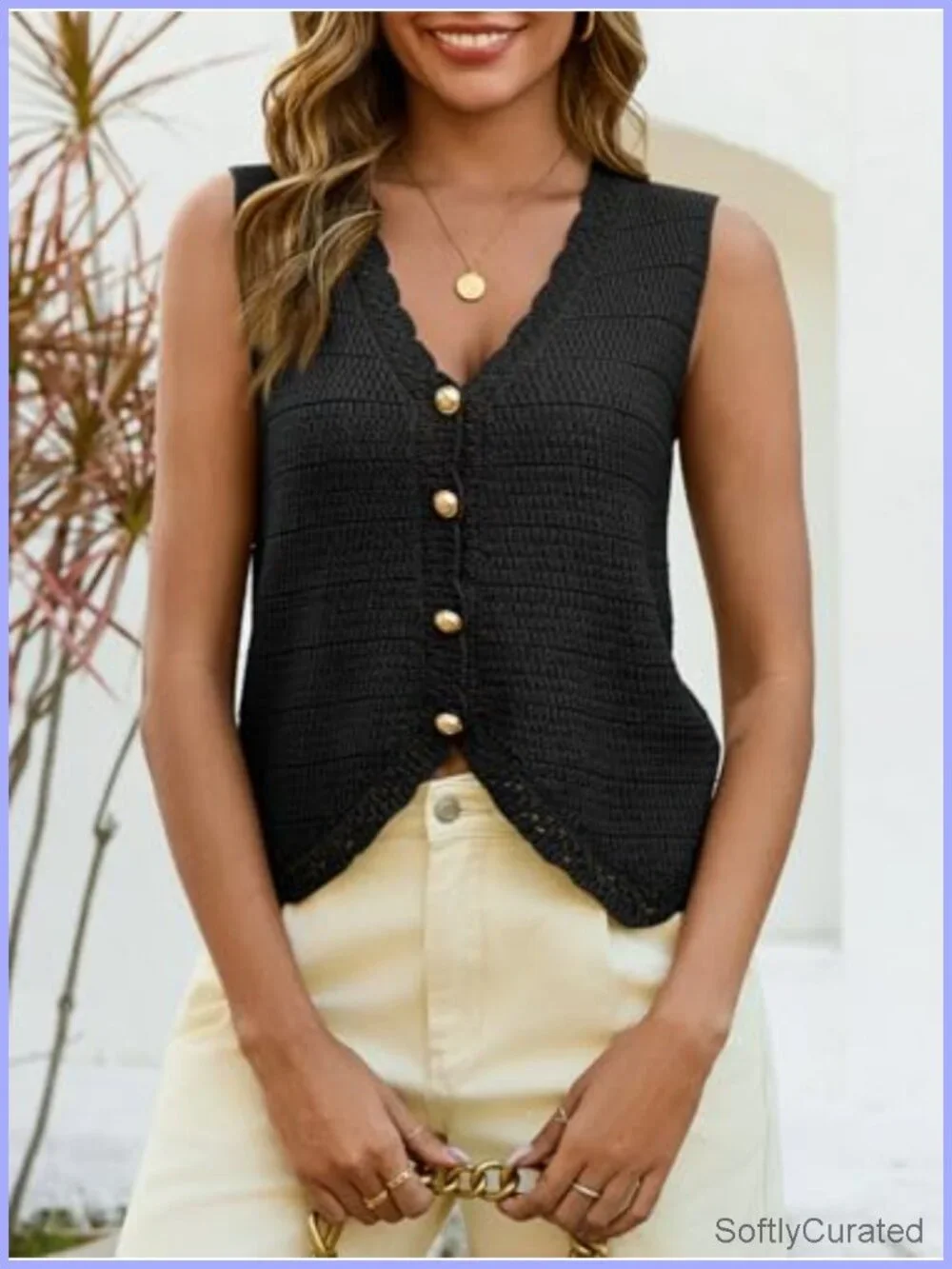 Sleeveless V Neck Cropped Button Down Sweater Vest Top